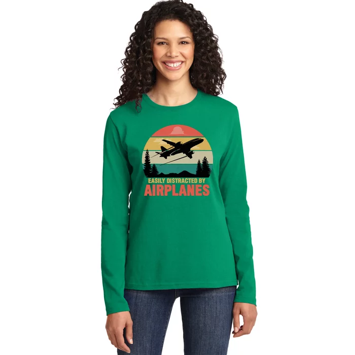 Easily Distracted By Airplanes Lover Retro Funny Pilot Ladies Long Sleeve Shirt