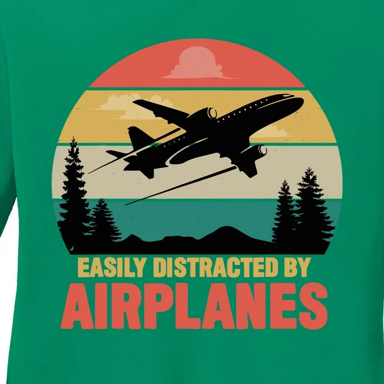 Easily Distracted By Airplanes Lover Retro Funny Pilot Ladies Long Sleeve Shirt