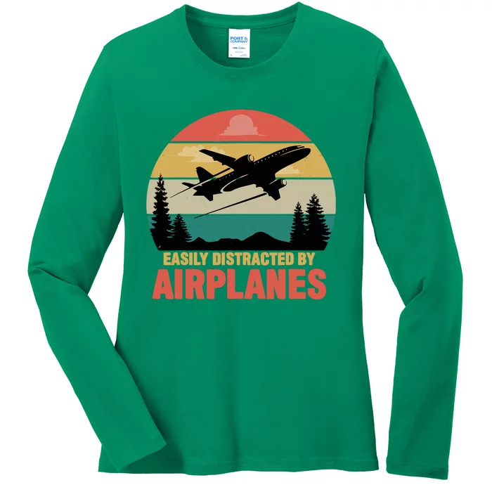 Easily Distracted By Airplanes Lover Retro Funny Pilot Ladies Long Sleeve Shirt