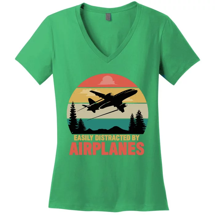 Easily Distracted By Airplanes Lover Retro Funny Pilot Women's V-Neck T-Shirt