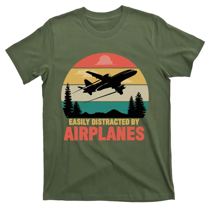 Easily Distracted By Airplanes Lover Retro Funny Pilot T-Shirt