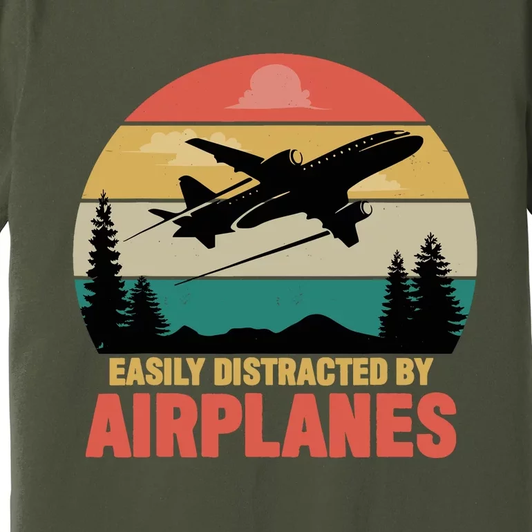 Easily Distracted By Airplanes Lover Retro Funny Pilot Premium T-Shirt