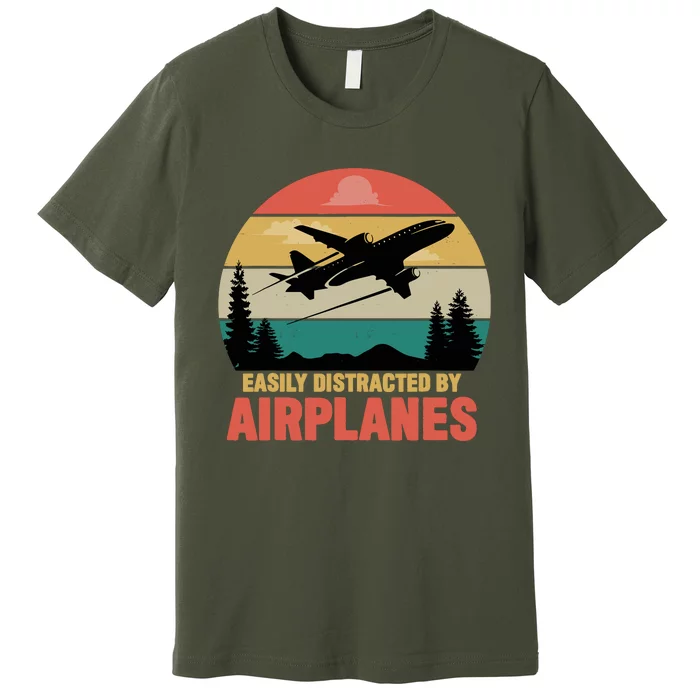 Easily Distracted By Airplanes Lover Retro Funny Pilot Premium T-Shirt