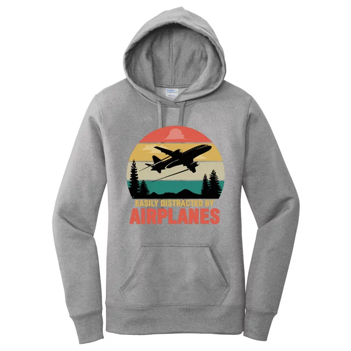 Easily Distracted By Airplanes Lover Retro Funny Pilot Women's Pullover Hoodie