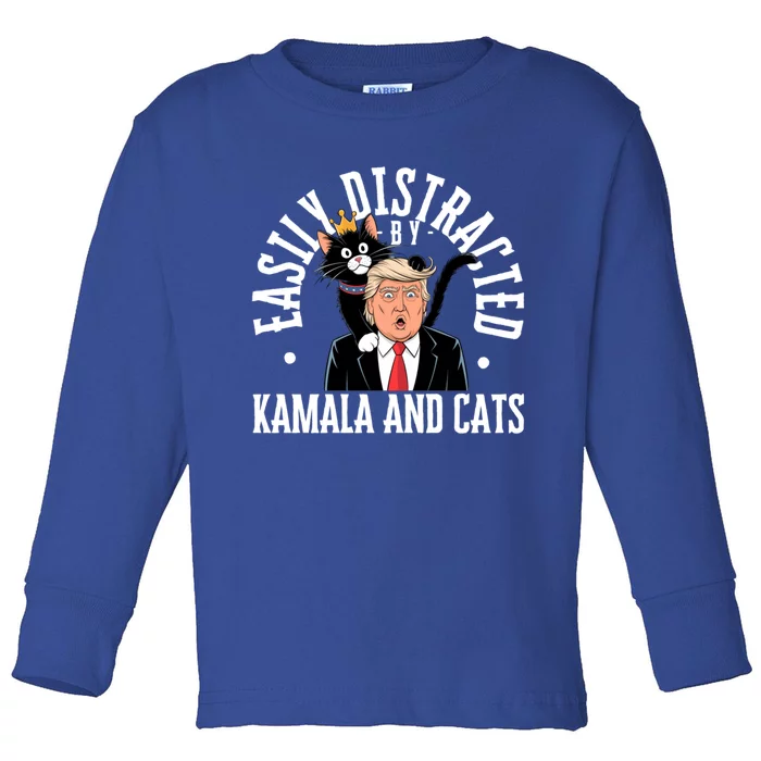 Easily Distracted By Cats Kamala Funny Trump Vance 2024 Gift Toddler Long Sleeve Shirt