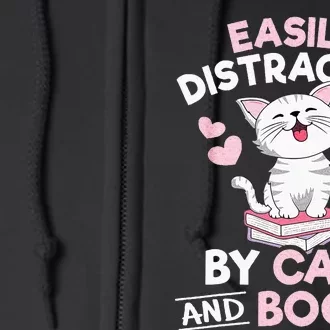 Easily Distracted By Cats And Books Cute Cat Book Lover Full Zip Hoodie