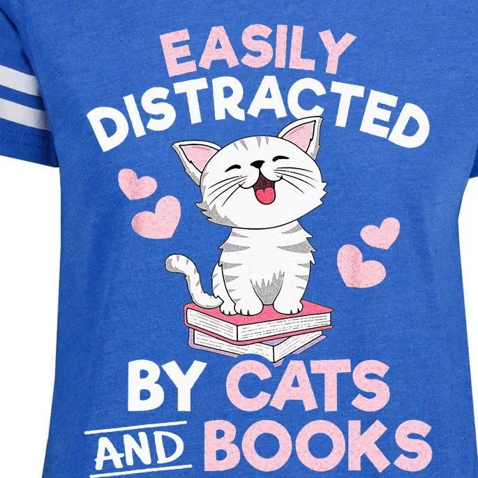 Easily Distracted By Cats And Books Cute Cat Book Lover Enza Ladies Jersey Football T-Shirt