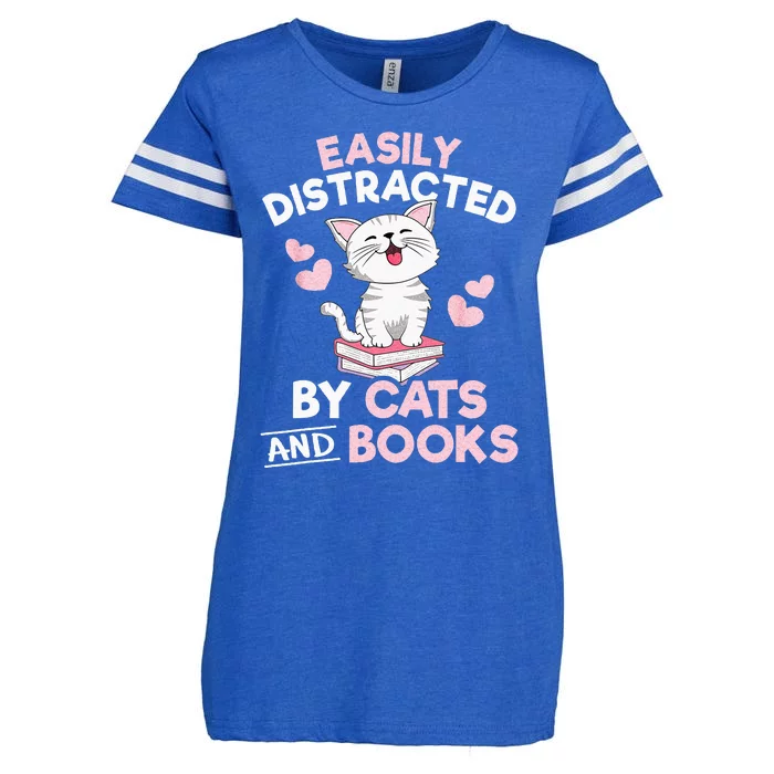 Easily Distracted By Cats And Books Cute Cat Book Lover Enza Ladies Jersey Football T-Shirt