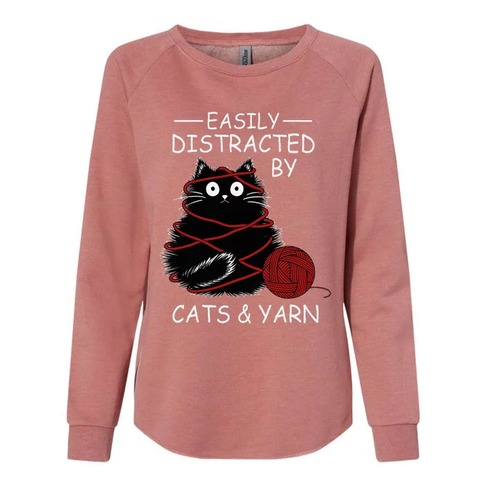 Easily Distracted By Cats And Yarn Kitten Lover Crochet Womens California Wash Sweatshirt