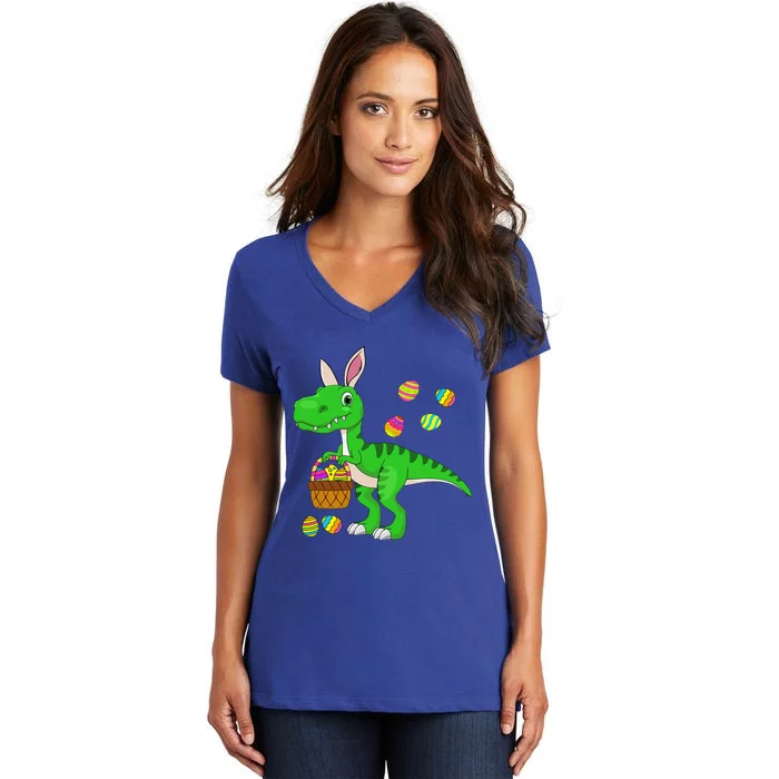 Easter Dinosaur Bunny Ears Easter Basket Stuffers Women's V-Neck T-Shirt