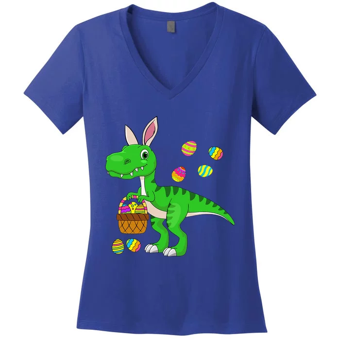 Easter Dinosaur Bunny Ears Easter Basket Stuffers Women's V-Neck T-Shirt