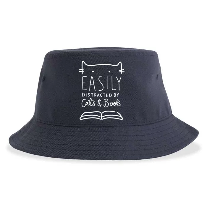 Easily Distracted By Cats And Books Cat & Book Lover Sustainable Bucket Hat