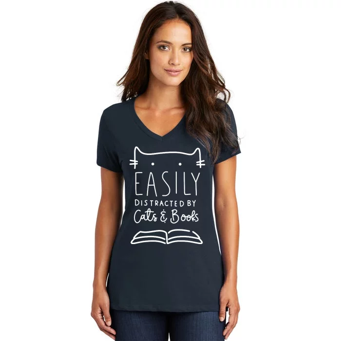 Easily Distracted By Cats And Books Cat & Book Lover Women's V-Neck T-Shirt