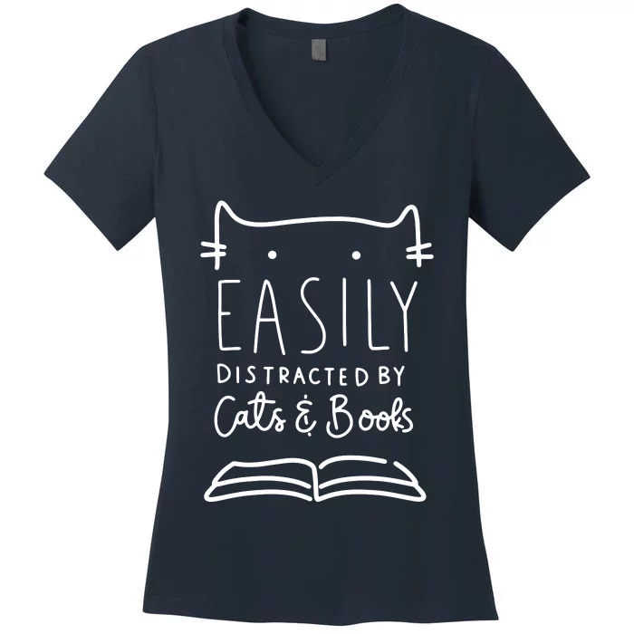 Easily Distracted By Cats And Books Cat & Book Lover Women's V-Neck T-Shirt