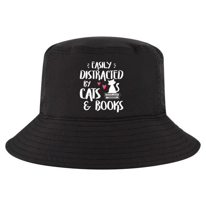 Easily Distracted by Cats and Books Cat & Book Lover Cool Comfort Performance Bucket Hat