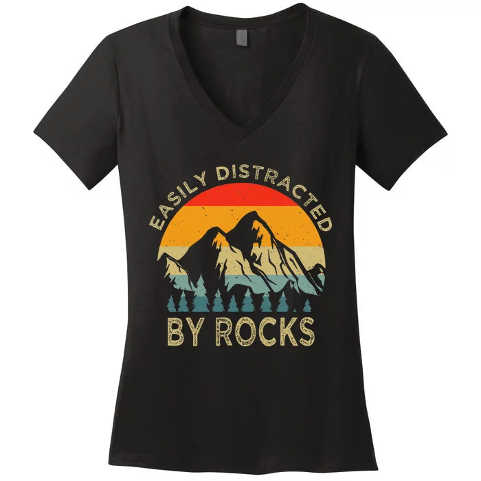 Easily Distracted By Rocks Vintage Funny Rocks Women's V-Neck T-Shirt