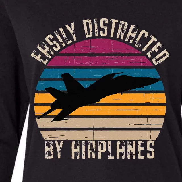 Easily Distracted By Airplanes Pilot Aviation Plane Lover Womens Cotton Relaxed Long Sleeve T-Shirt