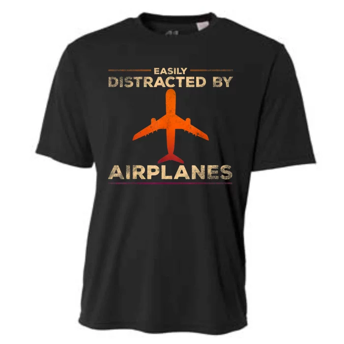 Easily Distracted By Airplanes Airplane Lover Aviation Cooling Performance Crew T-Shirt