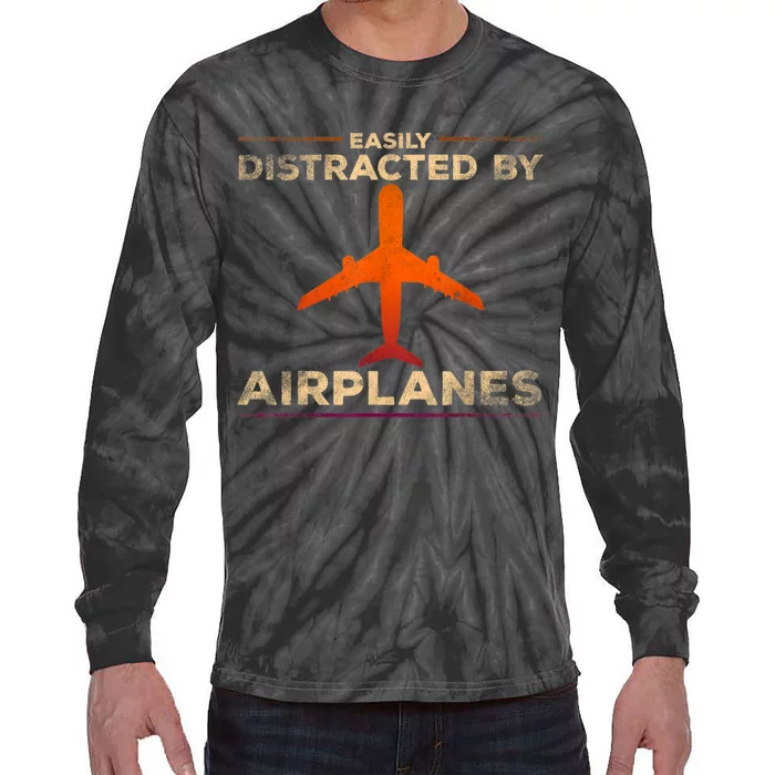 Easily Distracted By Airplanes Airplane Lover Aviation Tie-Dye Long Sleeve Shirt