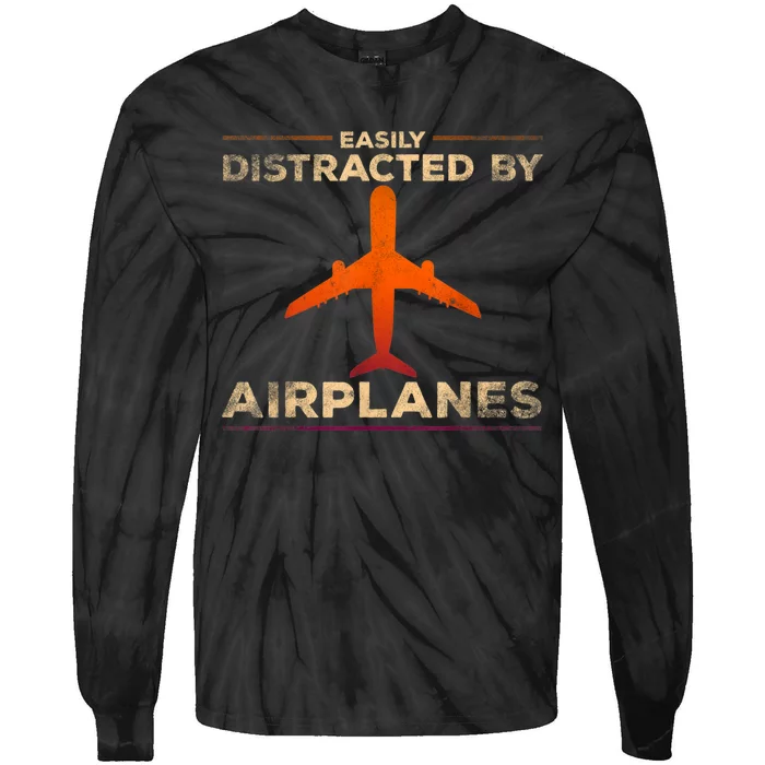 Easily Distracted By Airplanes Airplane Lover Aviation Tie-Dye Long Sleeve Shirt