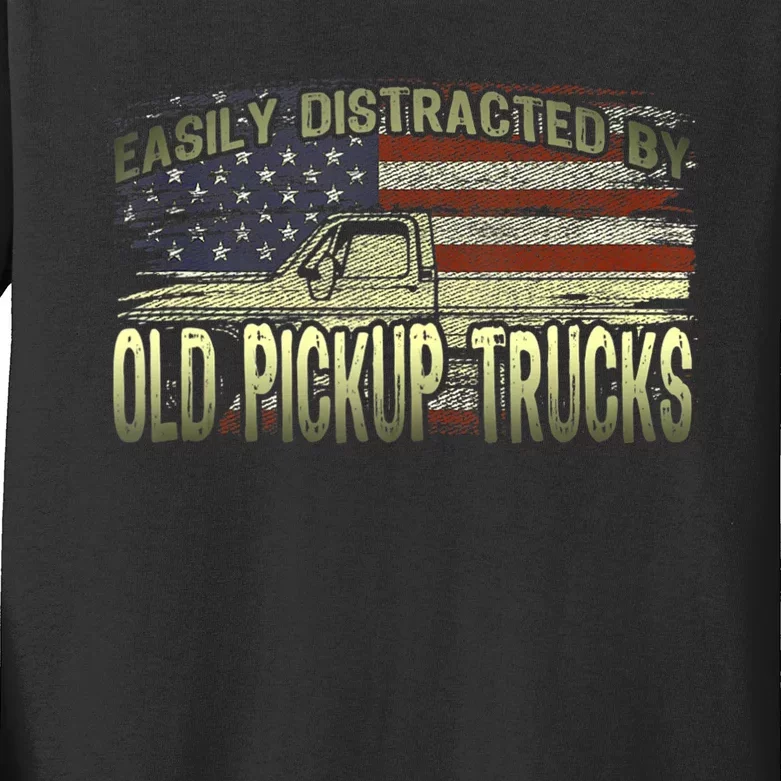 Easily Distracted By Old Pickup Trucks American Flag Truck Kids Long Sleeve Shirt