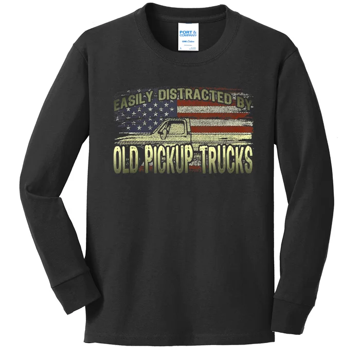 Easily Distracted By Old Pickup Trucks American Flag Truck Kids Long Sleeve Shirt