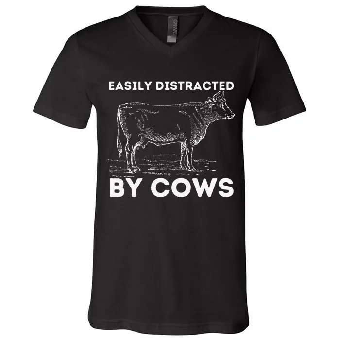 Easily Distracted By Cows Lover Famer Cattle Ranch V-Neck T-Shirt