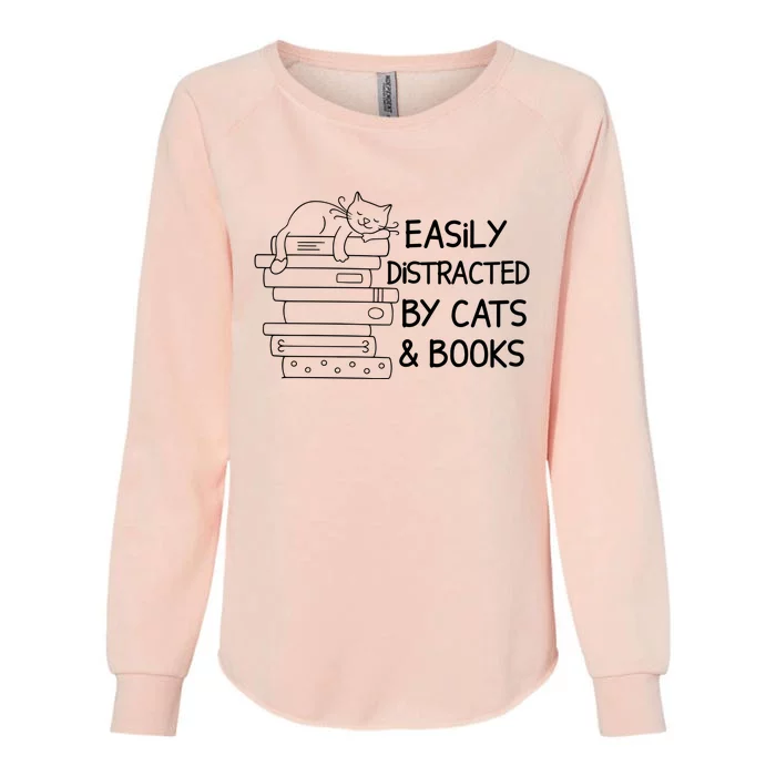 Easily Distracted By Cats And Books Funny Cat Womens California Wash Sweatshirt