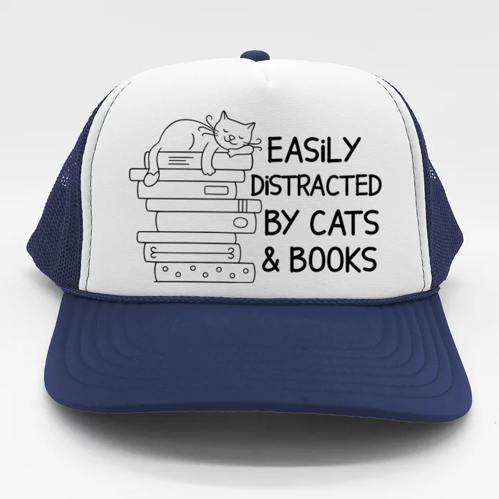 Easily Distracted By Cats And Books Funny Cat Trucker Hat