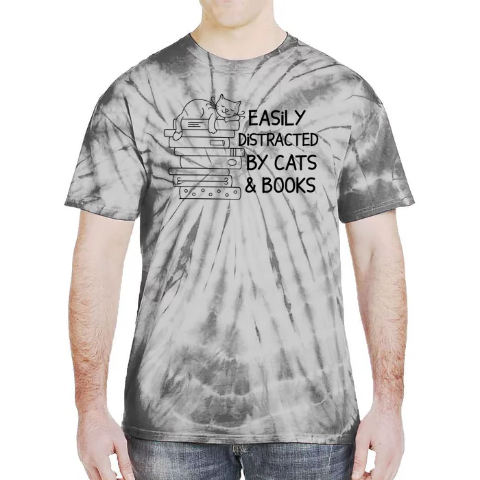 Easily Distracted By Cats And Books Funny Cat Tie-Dye T-Shirt