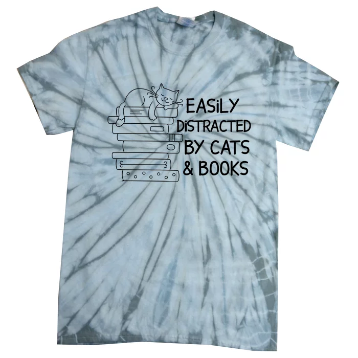 Easily Distracted By Cats And Books Funny Cat Tie-Dye T-Shirt