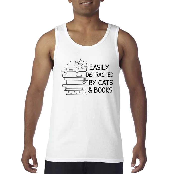 Easily Distracted By Cats And Books Funny Cat Tank Top