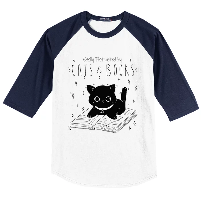 Easily Distracted By Cats And Books Funny Cat & Book Lover Baseball Sleeve Shirt