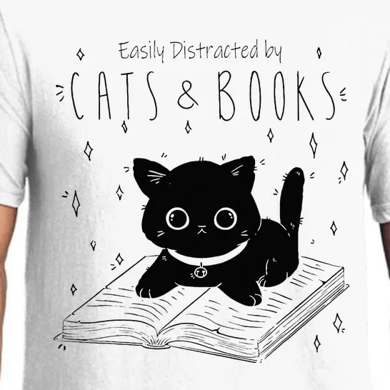 Easily Distracted By Cats And Books Funny Cat & Book Lover Pajama Set