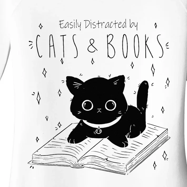 Easily Distracted By Cats And Books Funny Cat & Book Lover Women's Perfect Tri Tunic Long Sleeve Shirt