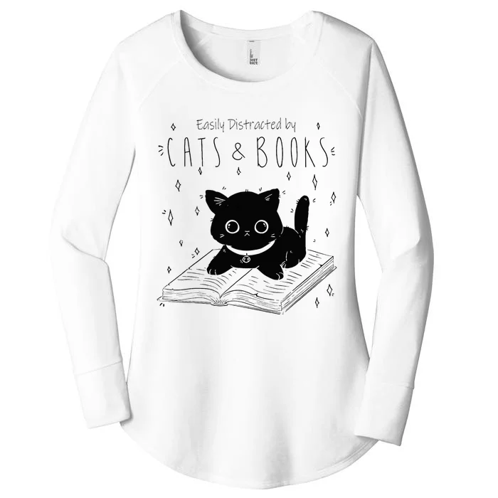 Easily Distracted By Cats And Books Funny Cat & Book Lover Women's Perfect Tri Tunic Long Sleeve Shirt