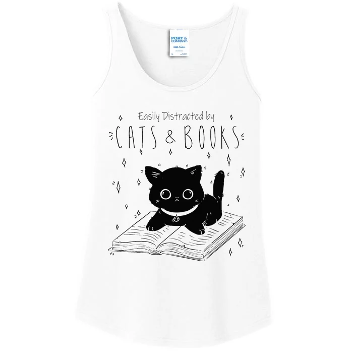 Easily Distracted By Cats And Books Funny Cat & Book Lover Ladies Essential Tank