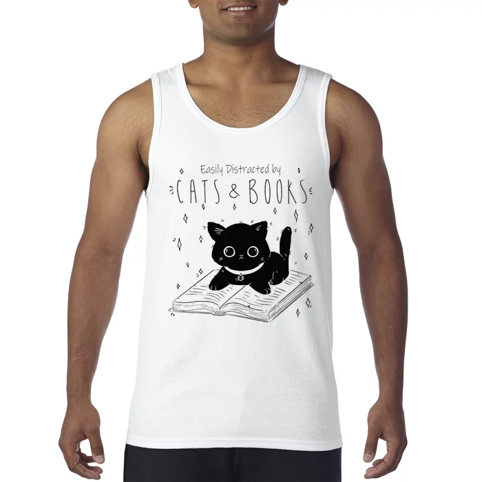 Easily Distracted By Cats And Books Funny Cat & Book Lover Tank Top