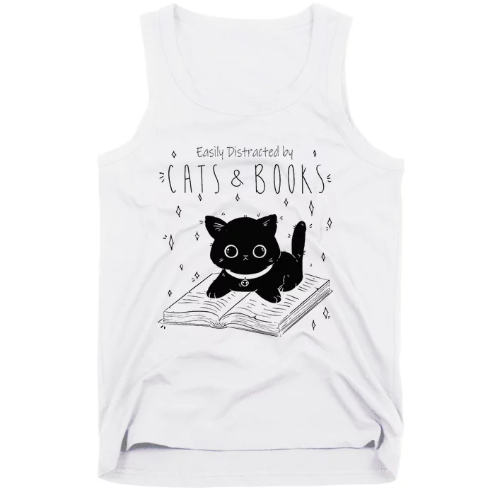 Easily Distracted By Cats And Books Funny Cat & Book Lover Tank Top