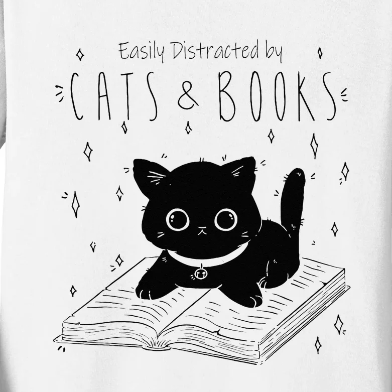 Easily Distracted By Cats And Books Funny Cat & Book Lover Kids Long Sleeve Shirt