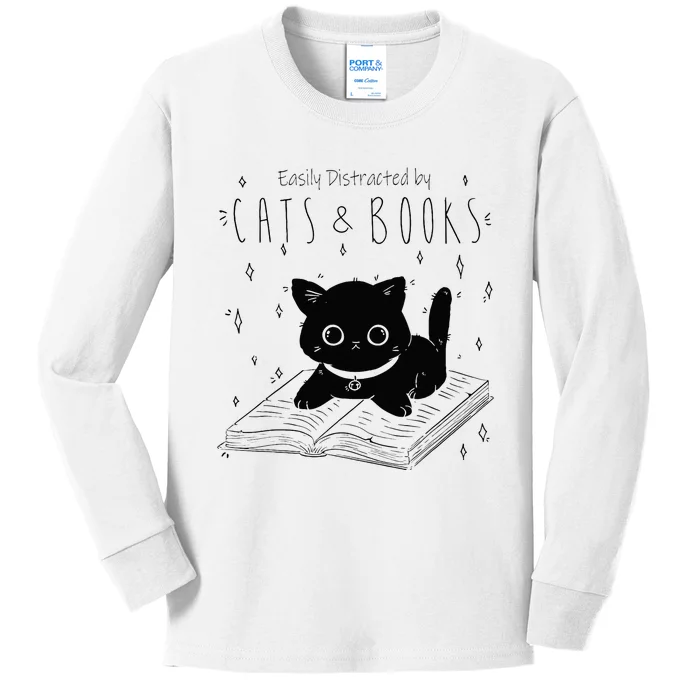 Easily Distracted By Cats And Books Funny Cat & Book Lover Kids Long Sleeve Shirt