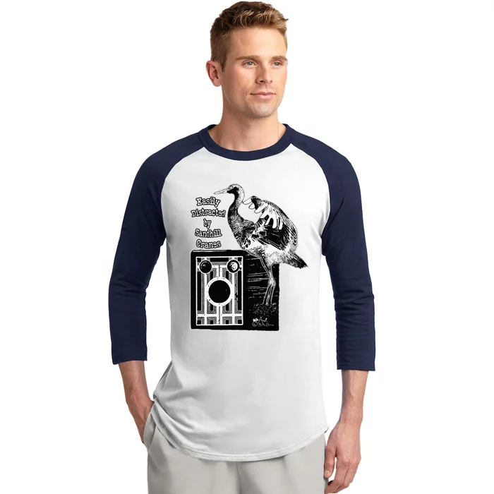 Easily Distracted By Sandhill Cranes Wantique Camera Baseball Sleeve Shirt