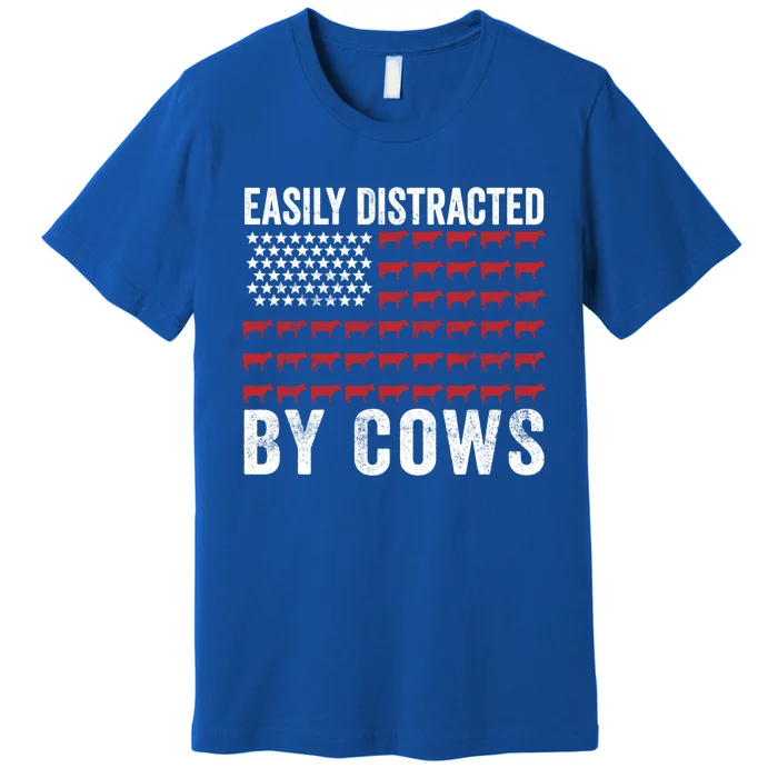 Easily Distracted By Cows Gift Funny Cow American Flag Cool Gift Premium T-Shirt