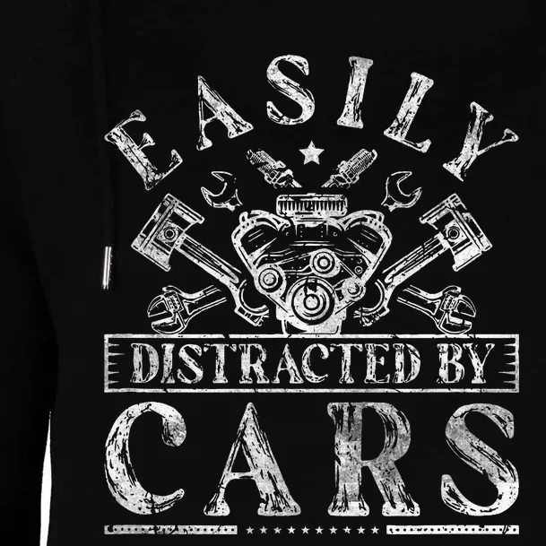 Easily Distracted By Cars Auto Mechanic Womens Funnel Neck Pullover Hood