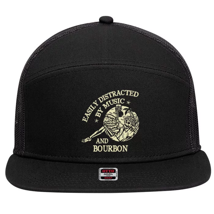 Easily Distracted By Music And Bourbon Skeleton 7 Panel Mesh Trucker Snapback Hat