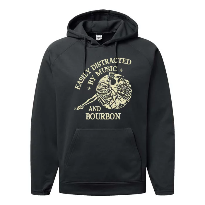 Easily Distracted By Music And Bourbon Skeleton Performance Fleece Hoodie