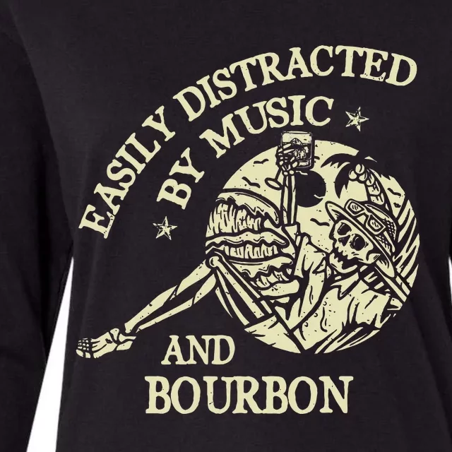 Easily Distracted By Music And Bourbon Skeleton Womens Cotton Relaxed Long Sleeve T-Shirt