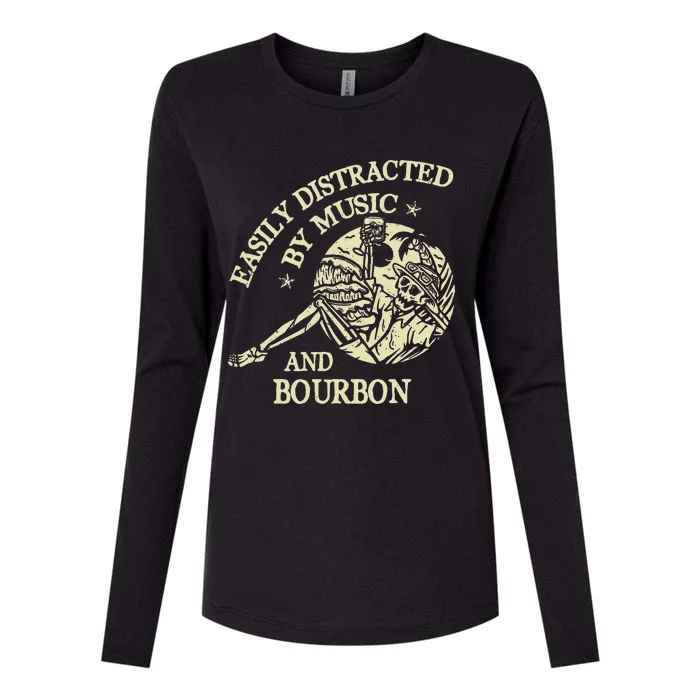 Easily Distracted By Music And Bourbon Skeleton Womens Cotton Relaxed Long Sleeve T-Shirt