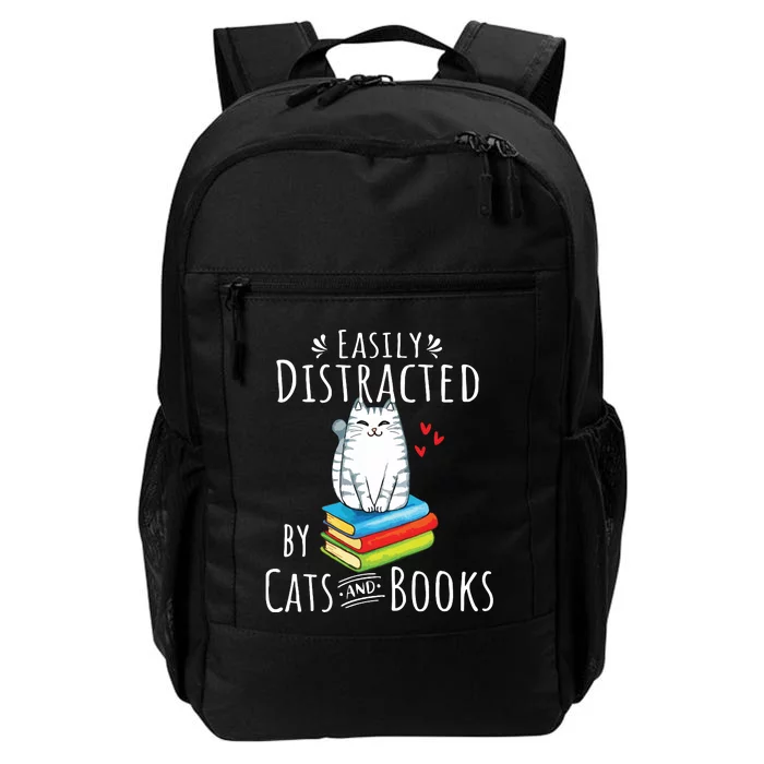 Easily Distracted By Cats And Books Funny Cat Book Lover Daily Commute Backpack