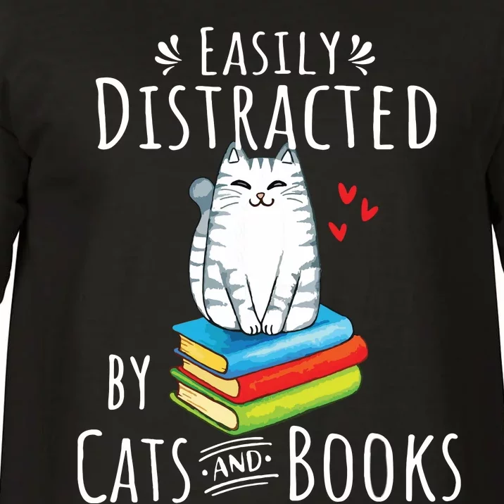 Easily Distracted By Cats And Books Funny Cat Book Lover Comfort Colors T-Shirt